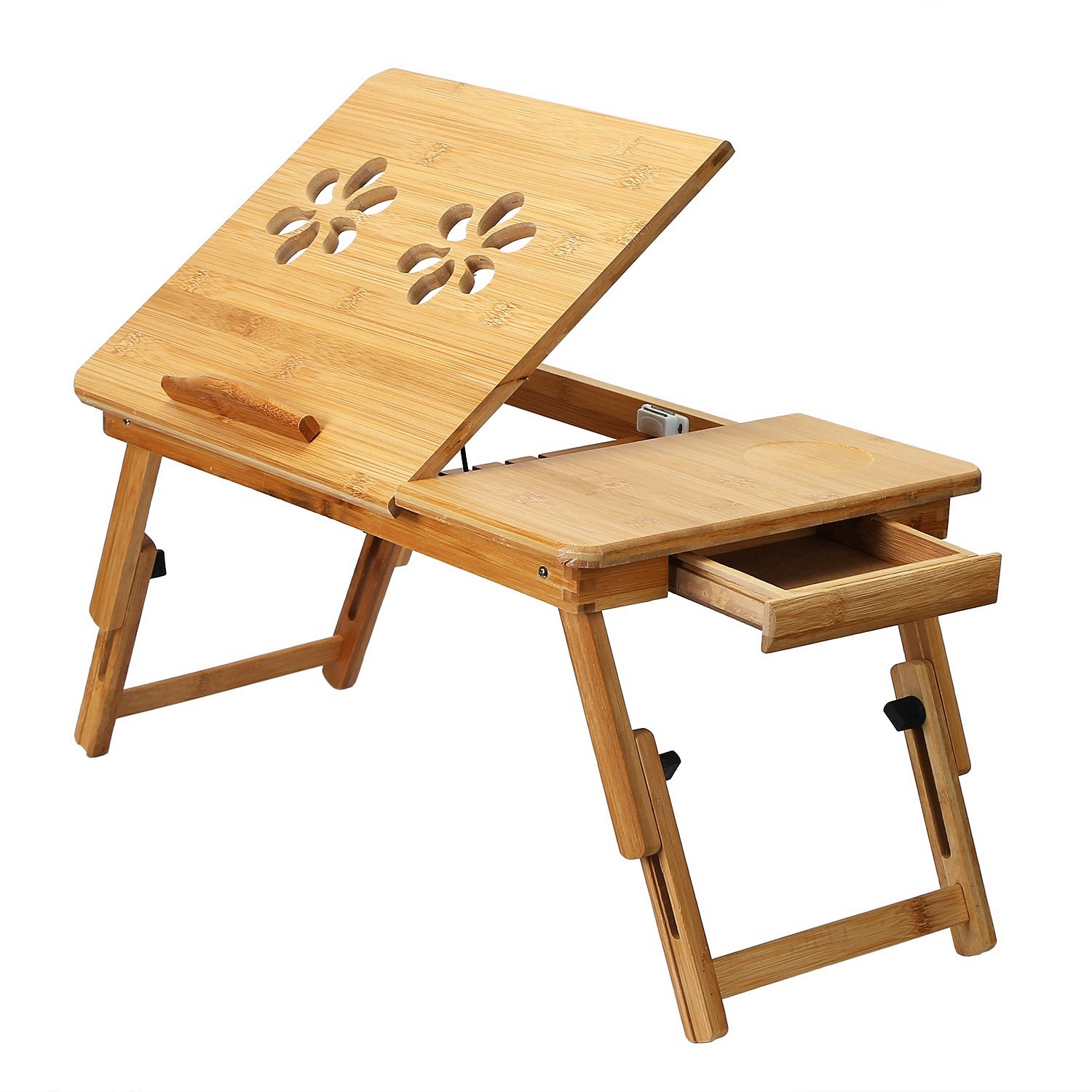 1Pc Bamboo Laptop Desk Breakfast Serving Bed Tray Foldable Leg Multi-Position Adjustable Tilt Surface Bed Lap Tray With Side Storage Drawer For Work Study Reading